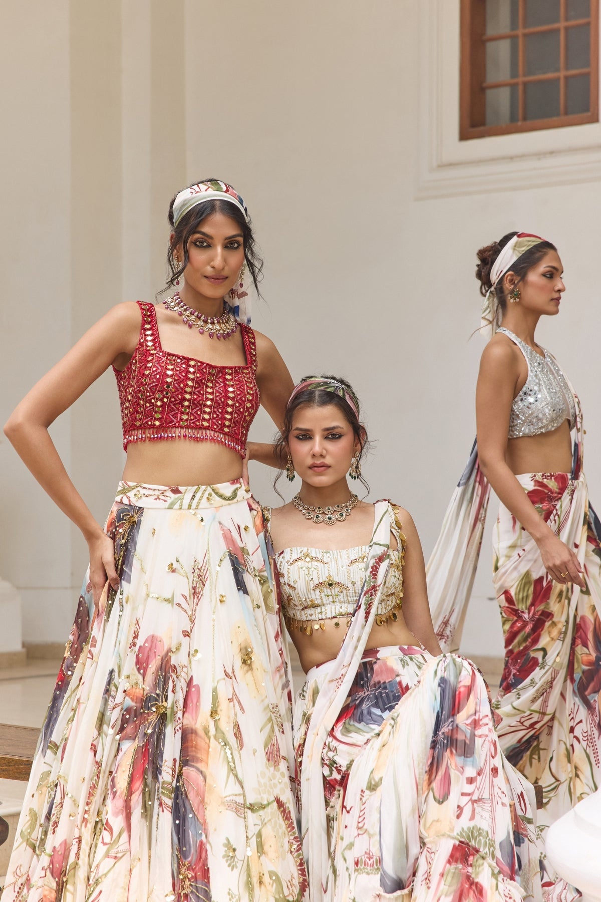 IVORY FLORAL PRINT AND HIGHLIGHTED LEHENGA SET