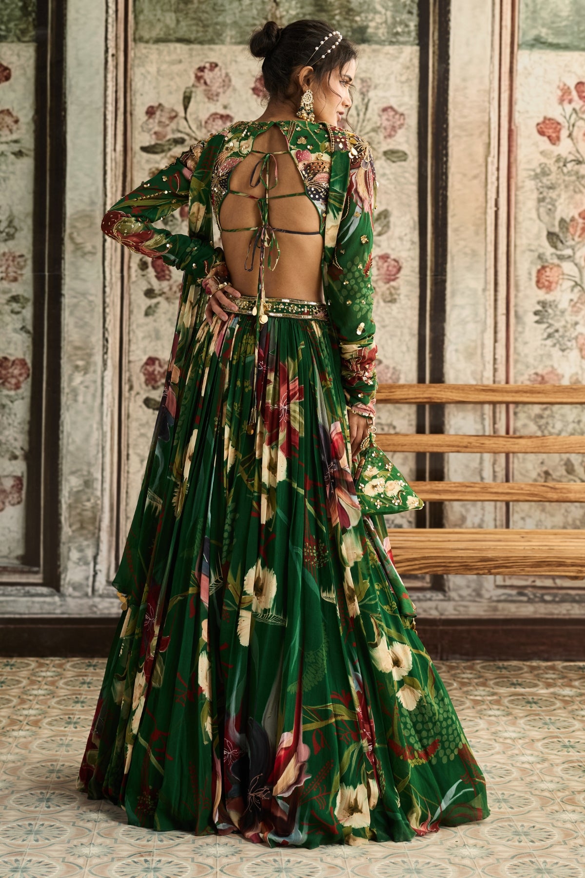 GREEN FLORAL PRINTED LEHENGA SET