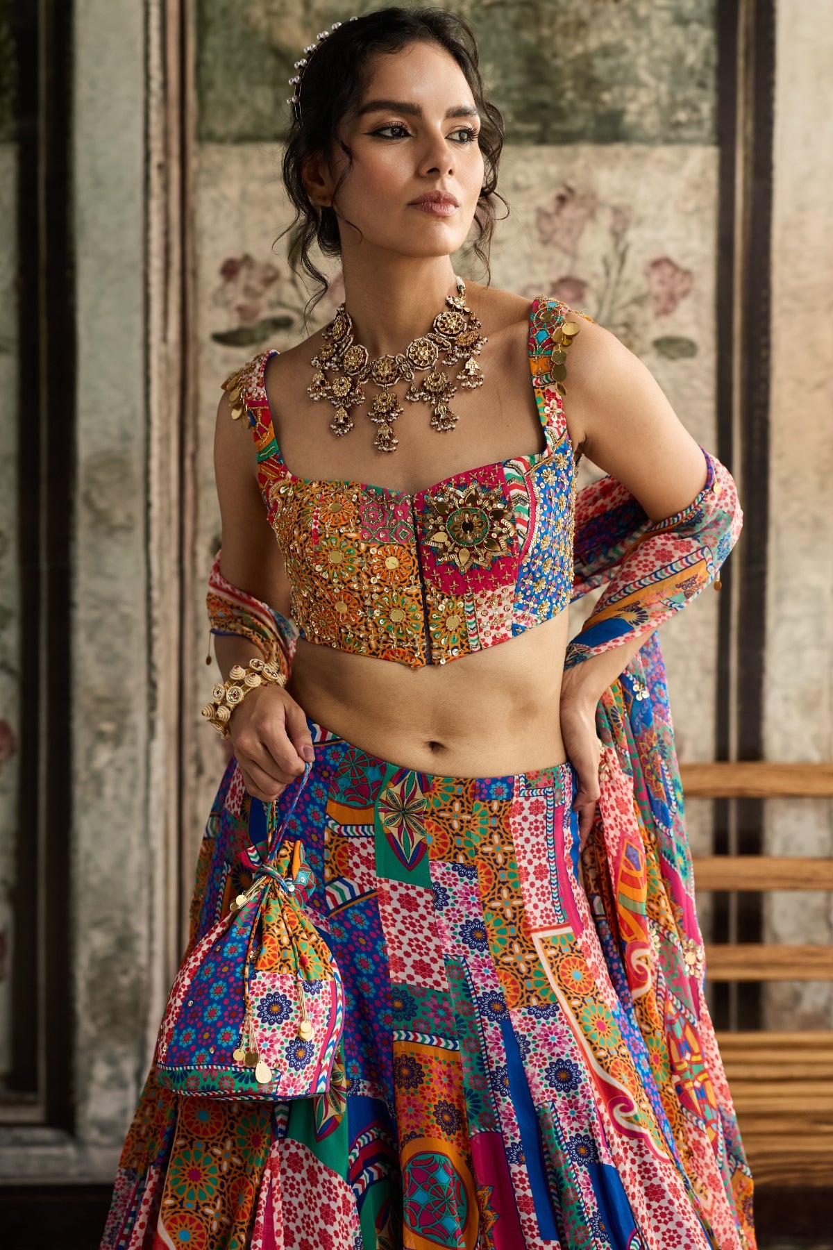 MULTI-COLOR  PRINT AND HIGHLIGHTED CRISS-CROSS BACK BLOUSE WITH GODET SKIRT SET