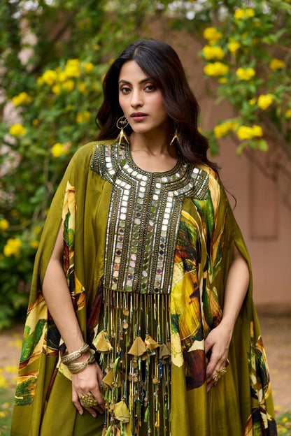 MATCHA GREEN FLORAL EMBROIDERED YOKE KAFTAN SET