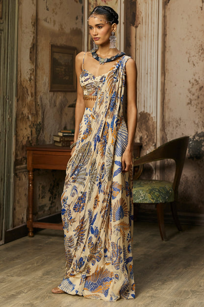 IVORY PRINTED AND HIGHLIGHTED SHARARA PANTS SAREE SET