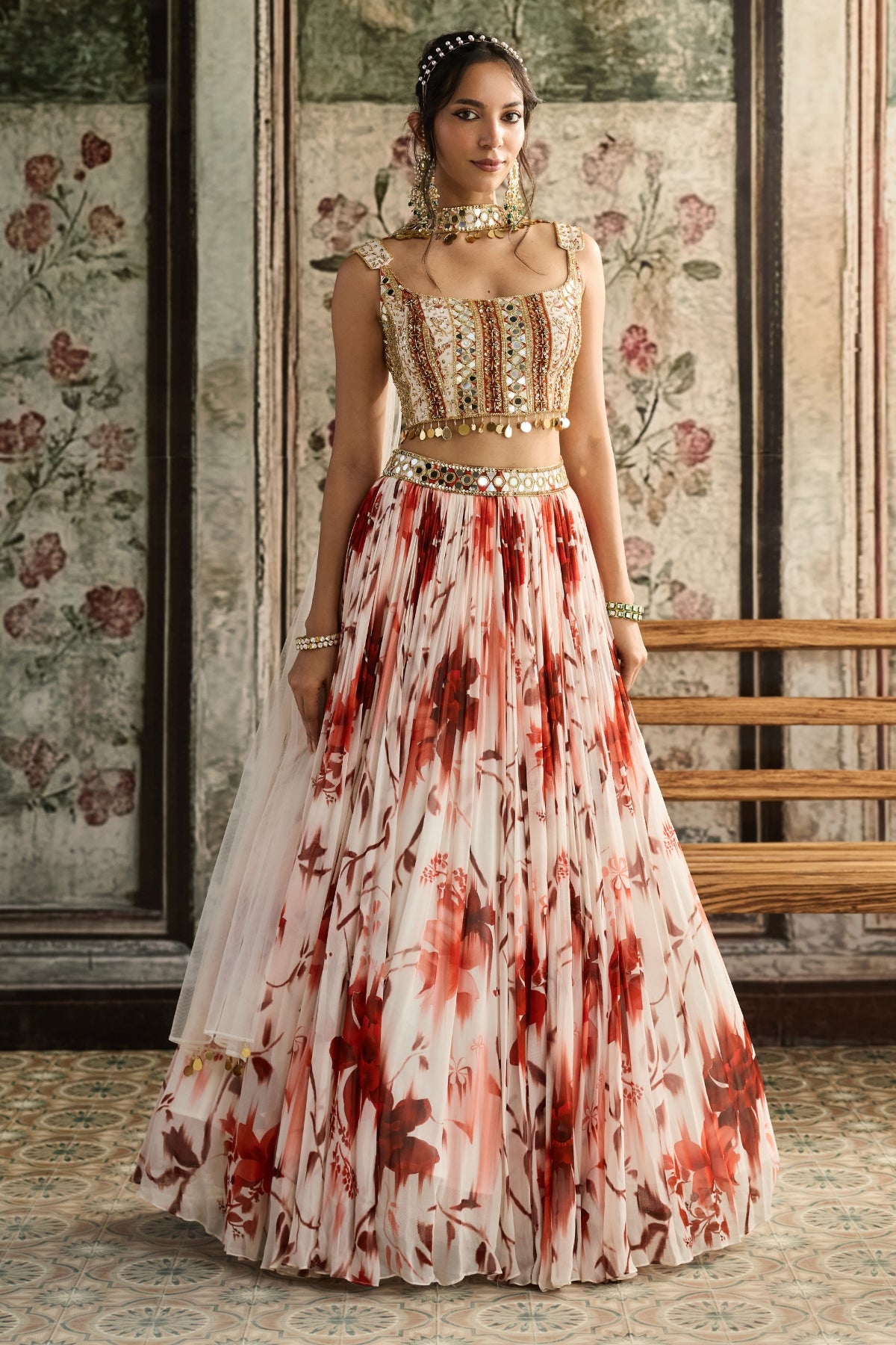 IVORY & RUST FLORAL PRINTED LEHENGA SET