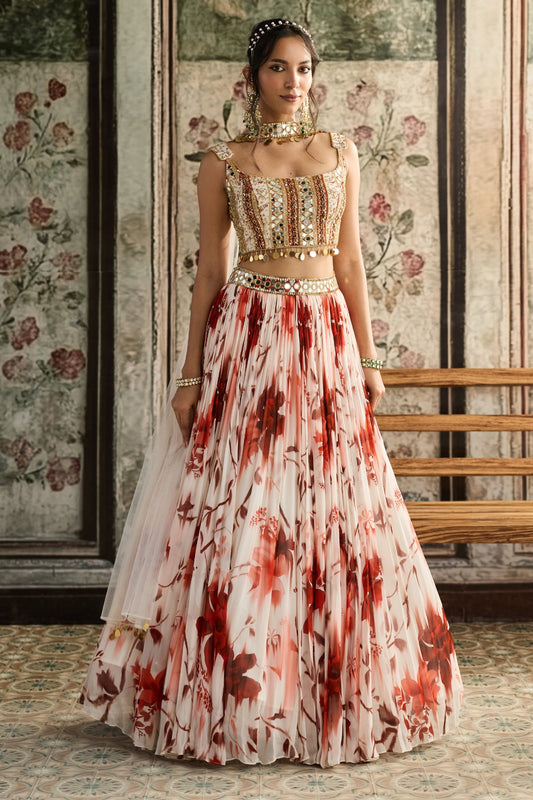 IVORY & RUST FLORAL PRINTED LEHENGA SET