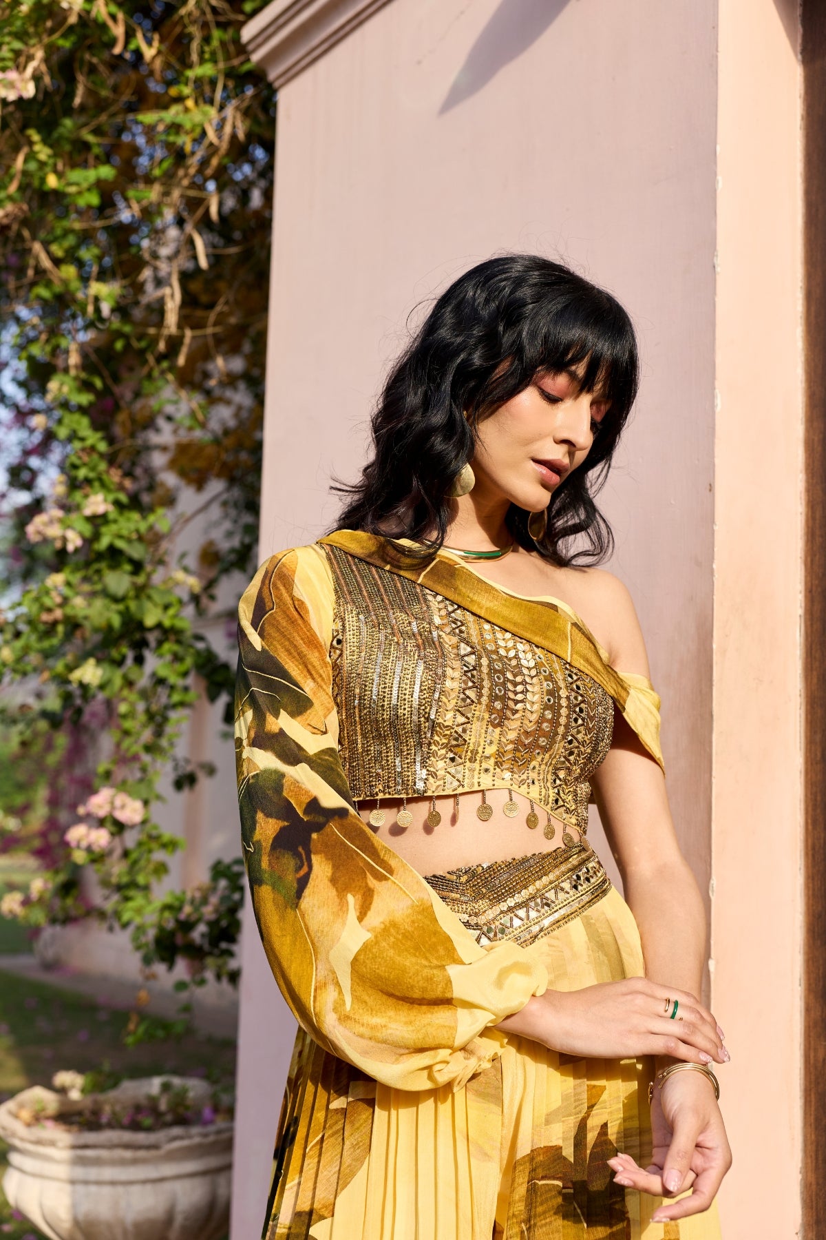 BUTTER YELLOW FLORAL ONE SHOULDER CO-RD SET