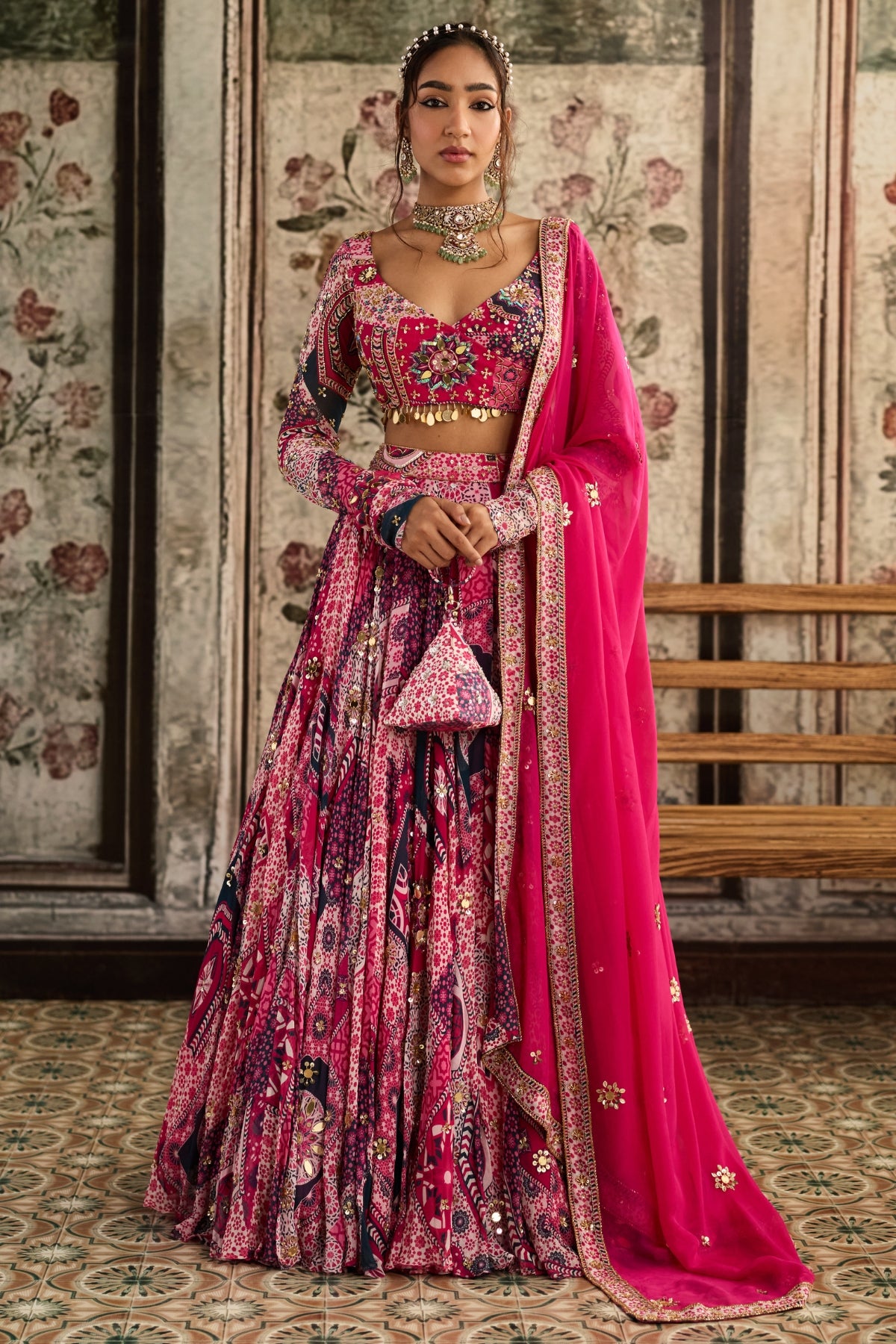 FUSCHIA PRINT AND HIGHLIGHTED ANGRAKHA BLOUSE LEHENGA SET
