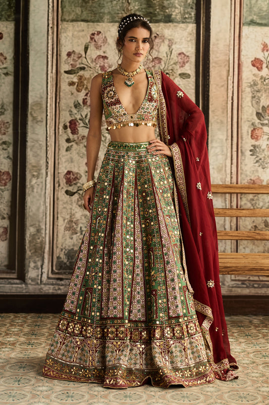 SAGE-MAROON PRINT AND HIGHLIGHTED  LEHENGA SET