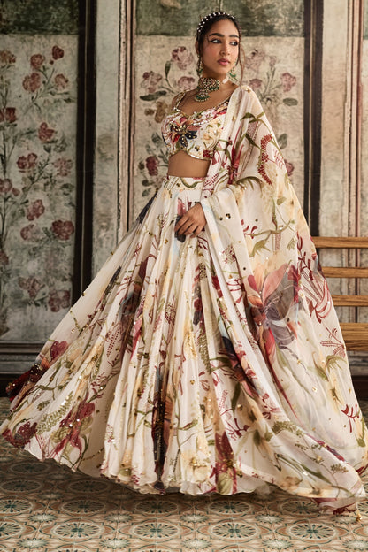 IVORY FLORAL PRINT AND HIGHLIGHTED LEHENGA SET