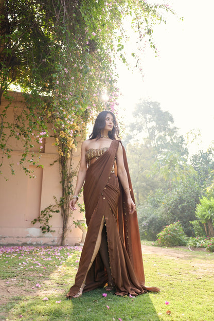 MOCHA BROWN TASSELED SLIT SAREE SET