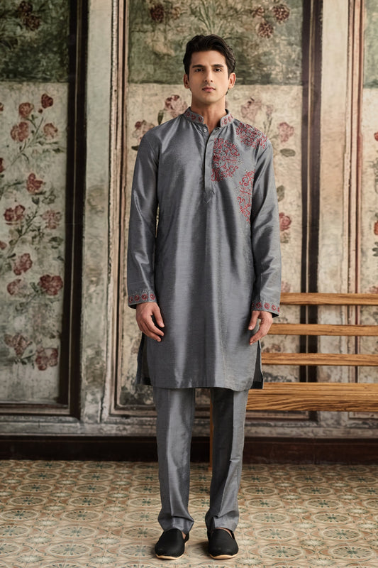 GREY EMBROIDERED KURTA & PANTS