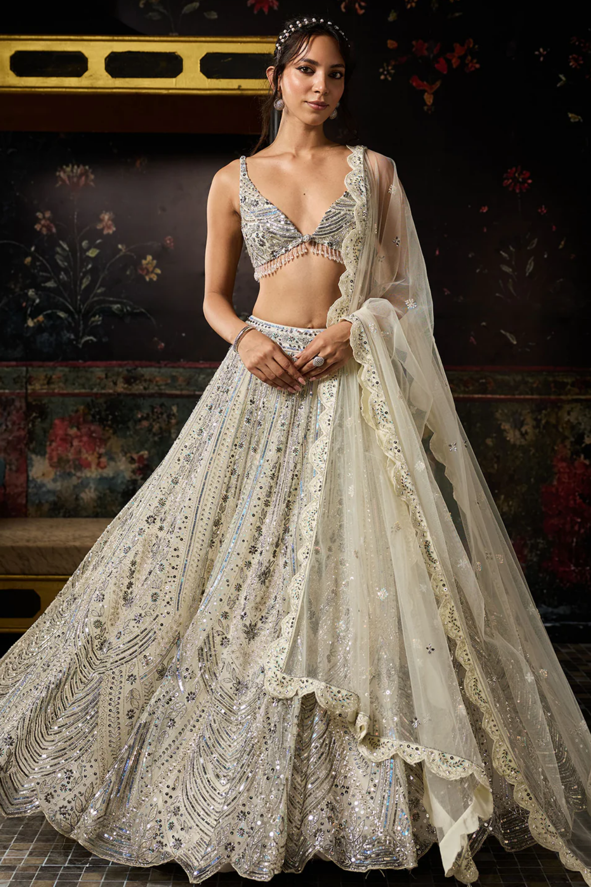 IVORY FULLY EMBROIDERED SCALLOP LEHENGA SET