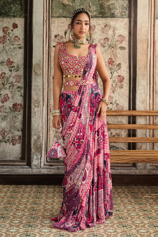 FUSCHIA PRINT AND HIGHLIGHTED SQUARE NECK BLOUSE WITH TIERED SAREE  SET