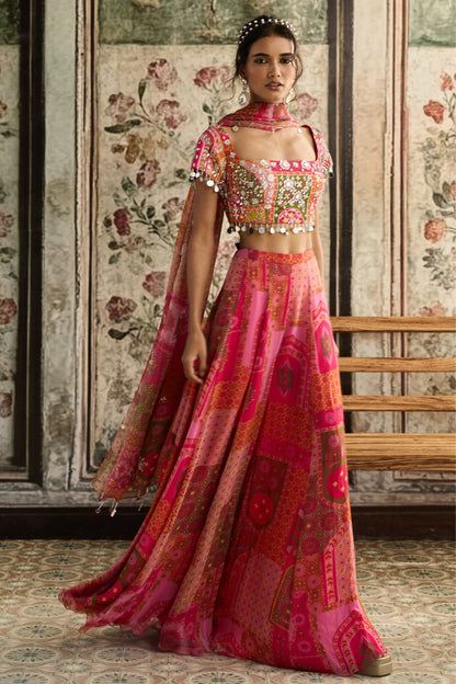 YELLOW-FUSCHIA  PRINT AND HIGHLIGHTED  SHARARA SET