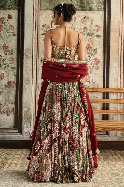 SAGE-MAROON PRINT AND HIGHLIGHTED CORSET BLOUSE LEHENGA SET