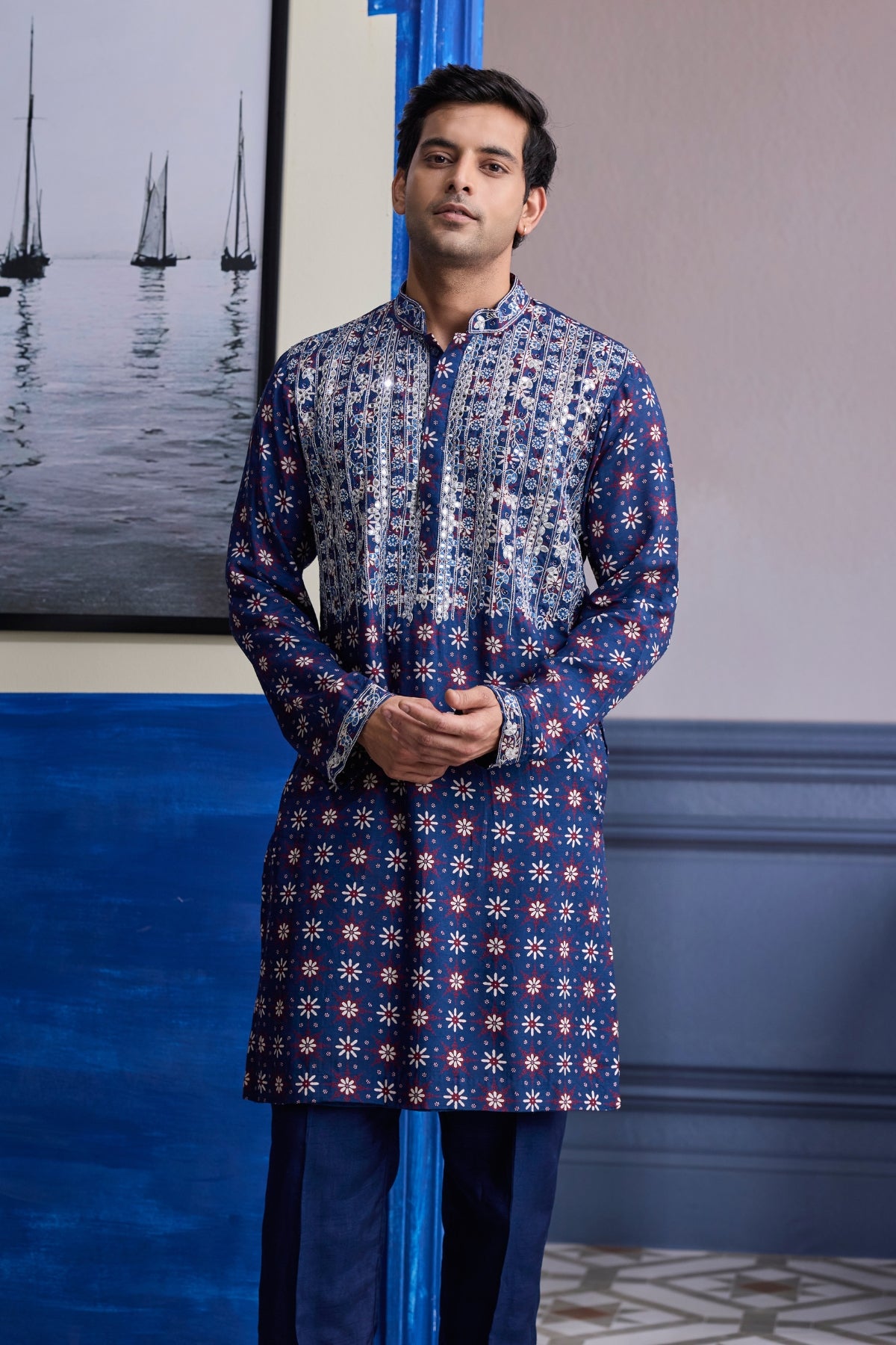 DARK BLUE PRINT HILIGHTED KURTA WITH SOLID PANTS
