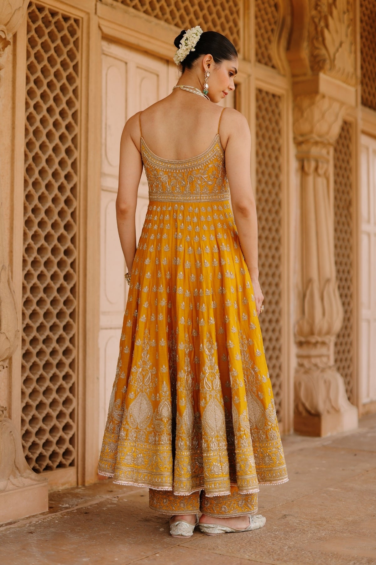 Afraa - Mustard Anarkali Set with Palazzo & Dupatta