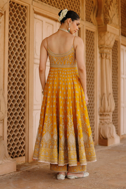 Afraa - Mustard Anarkali Set with Palazzo & Dupatta