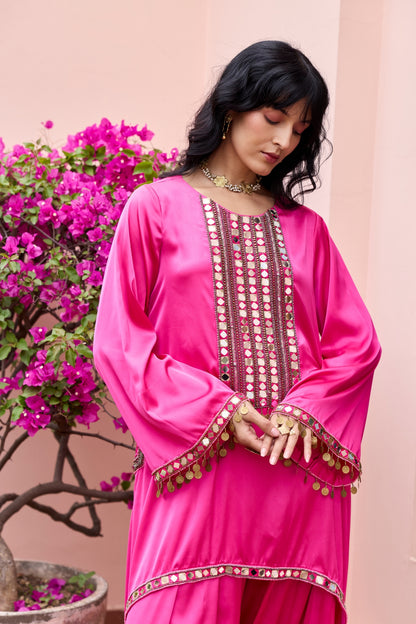 FUSCHIA PINK EMBROIDERED KURTI SET