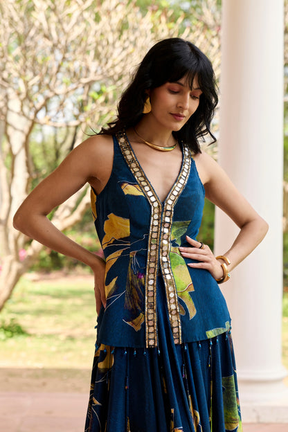 NAVYGOLD FLORAL PRINTED LEHENGA SET