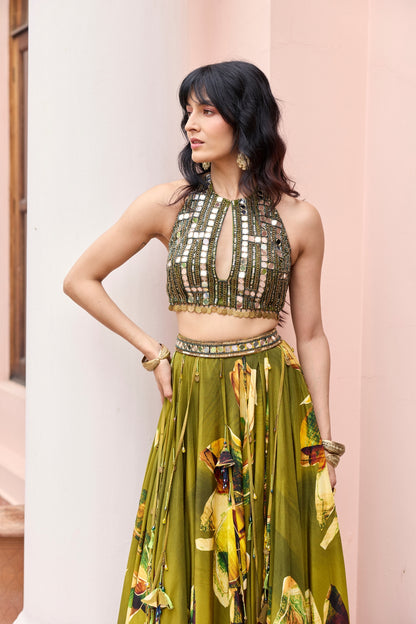 MATCHA GREEN FLORAL TASSELED LEHENGA SET