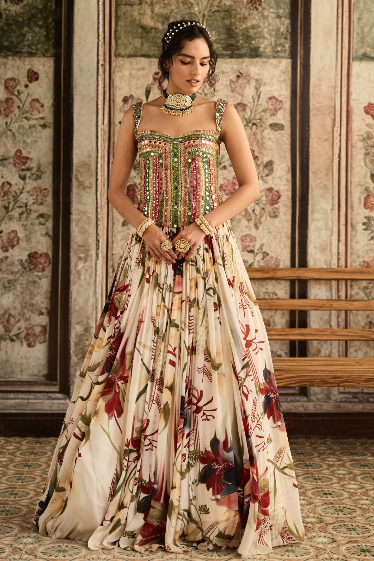 IVORY FLORAL PRINTED LEHENGA SET