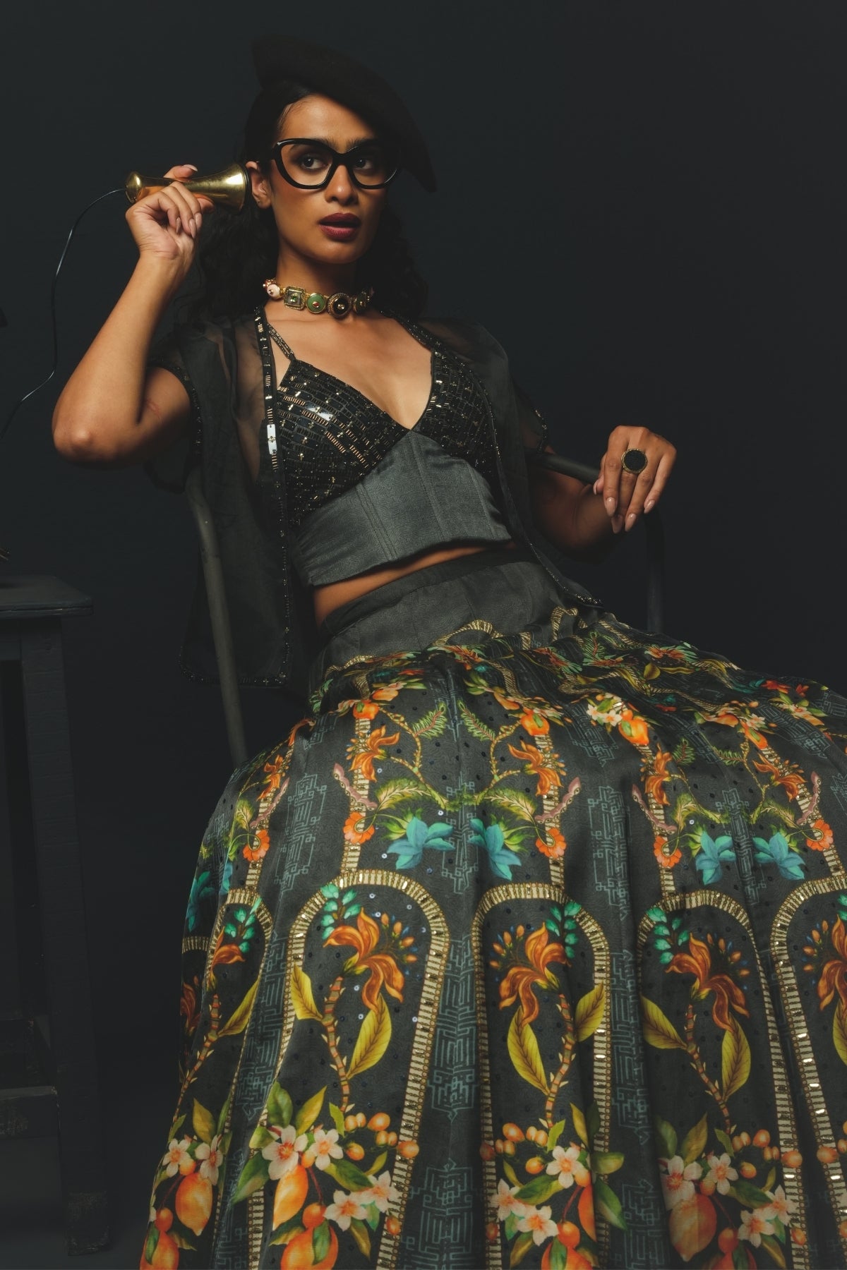 Charcoal Linen Satin Jacket Lehenga Set