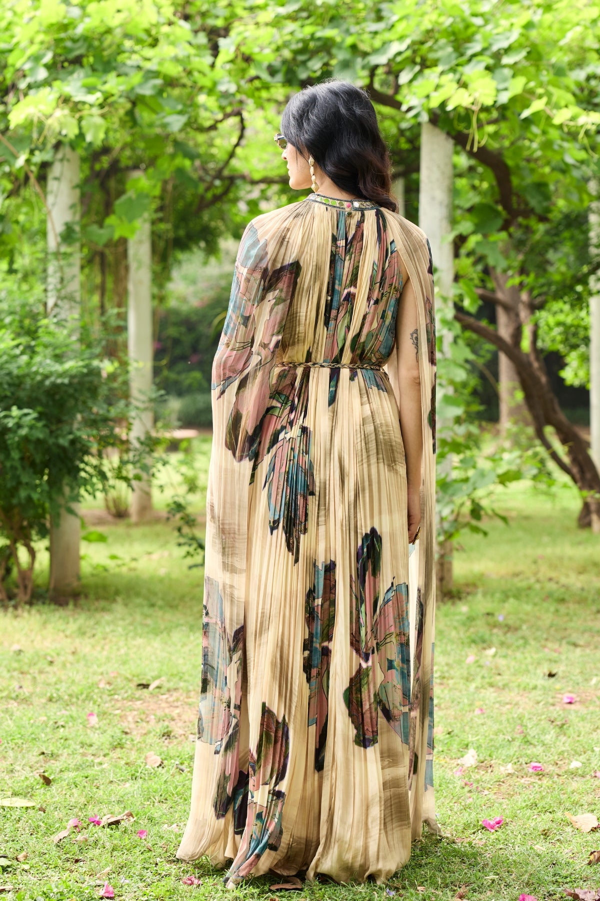 BEIGE FLORAL ROUCHED MAXI DRESS