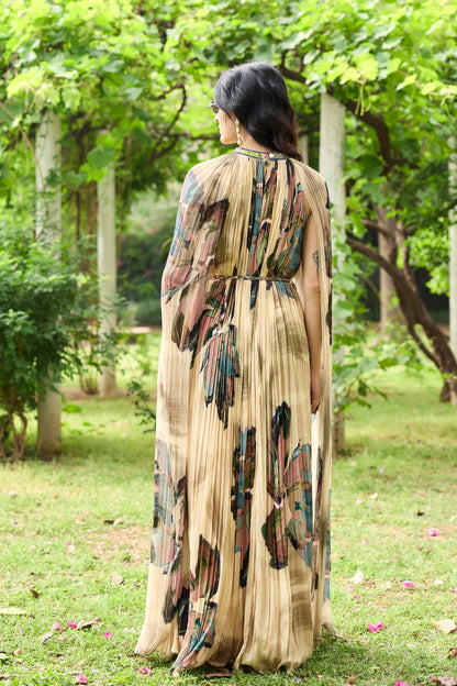 BEIGE FLORAL ROUCHED MAXI DRESS