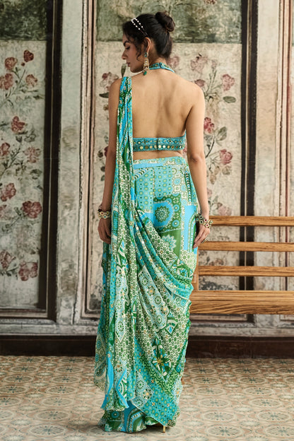 AQUA EMBROIDERED BLOUSE AND AQUA PRINT AND  HIGHLIGHTED DRAPE BOX PLEAT PANT SAREE
