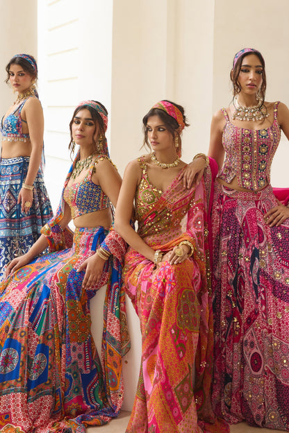 FUSCHIA PRINT AND HIGHLIGHTED CORSET BLOUSE LEHENGA SET