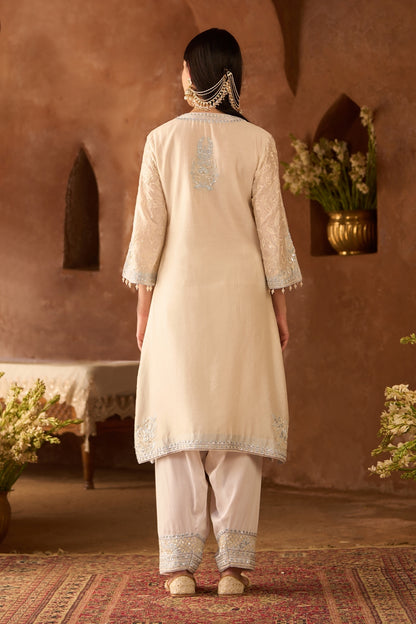 Anam - Daisy Ivory With Blue A-line Kurta With Salwar And Dupatta