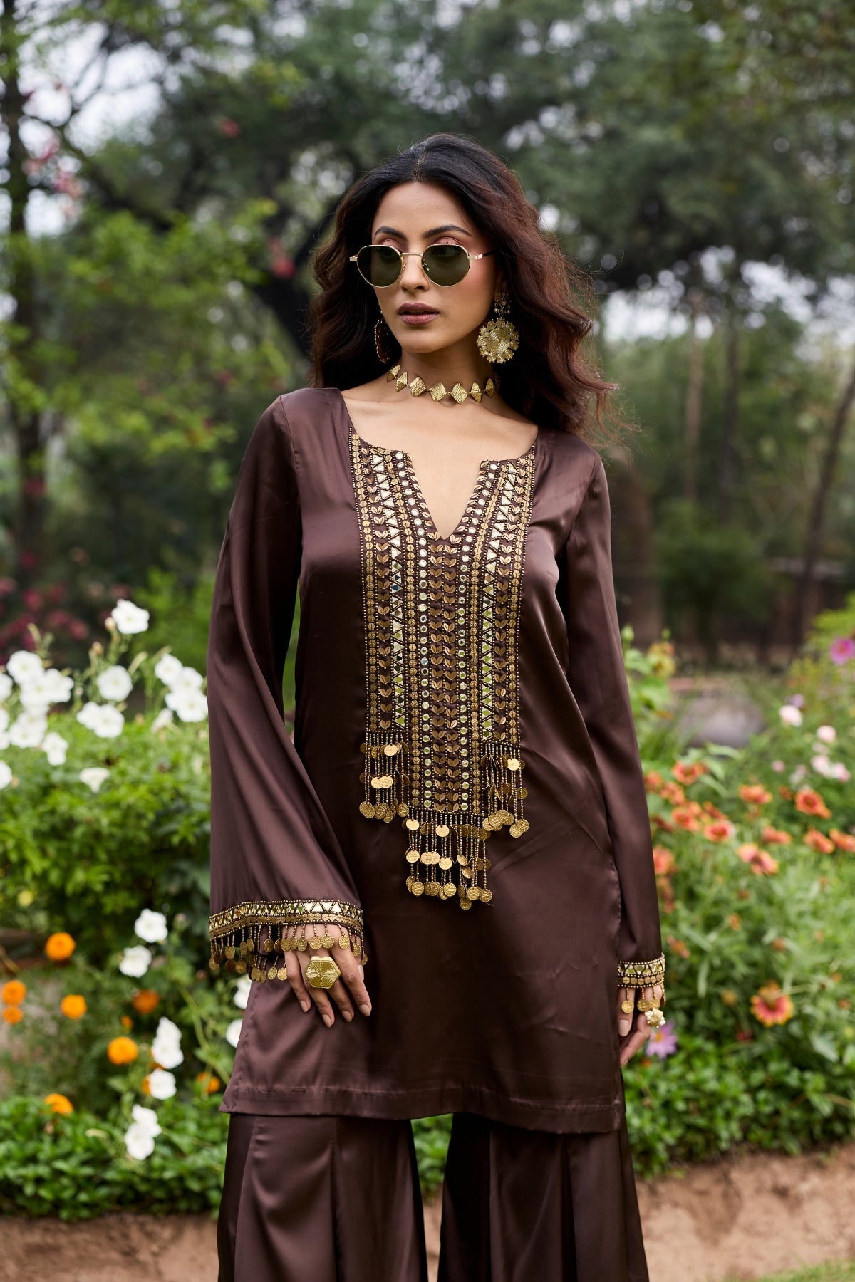 MOCHA BROWN EMBROIDERED SATIN KURTI SET