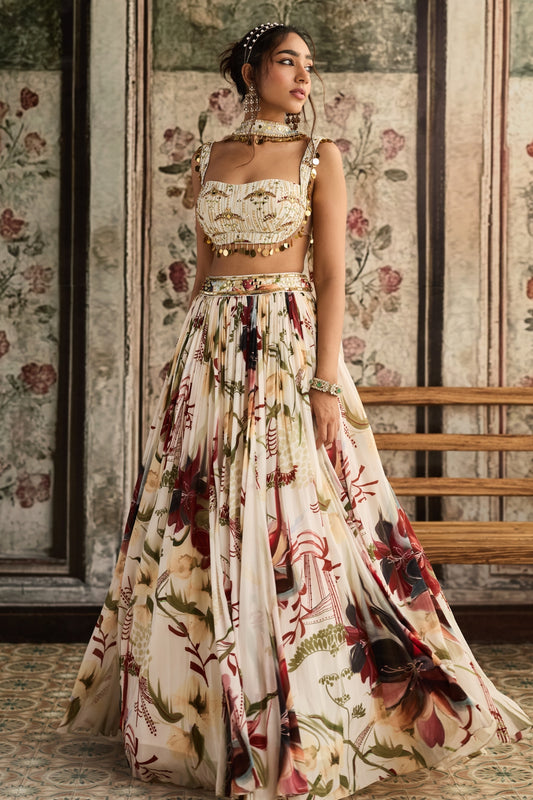 IVORY FLORAL PRINT AND HIGHLIGHTED LEHENGA SET