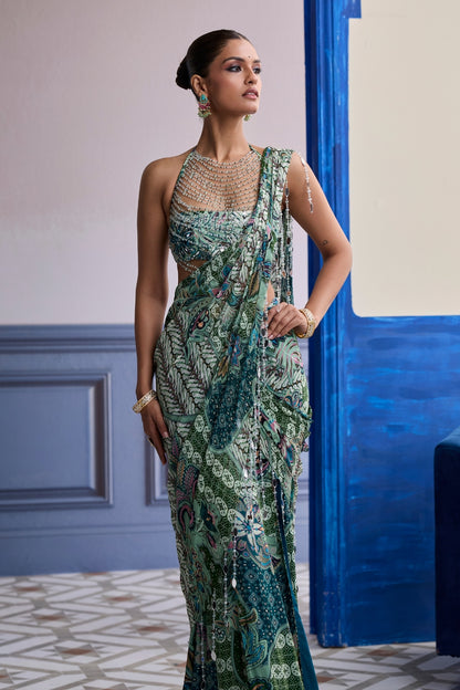 JEWELED GREEN FLORAL BLOUSE WITH SLIT SAREE & TASSEL DRAPE SET