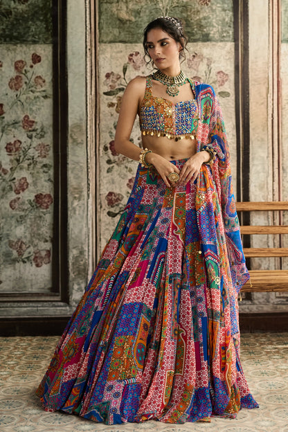 MULTI-COLOR  PRINT AND HIGHLIGHTED RACERBACK BLOUSE WITH GODET SKIRT SET
