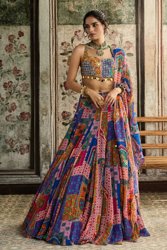 MULTI-COLOR  PRINT AND HIGHLIGHTED RACERBACK BLOUSE WITH GODET SKIRT SET