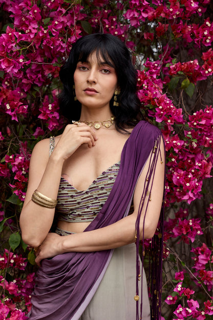 PURPLE-GREY OMBRE TASSELED DRAPE SAREE SET