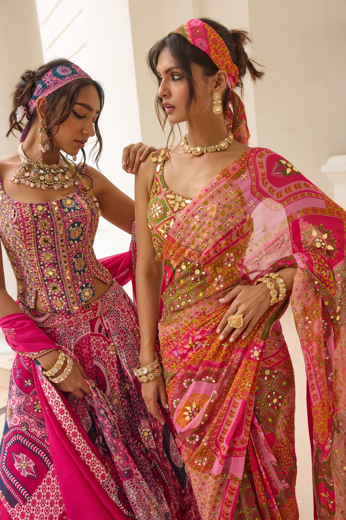 SAGE BUTTA PRINT AND HIGHLIGHTED ONE-SHOULDER BLOUSE WITH YELLOW-FUSCHIA PRE-DRAPED CLASSIC SAREE SET