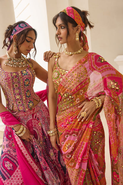 SAGE BUTTA PRINT AND HIGHLIGHTED ONE-SHOULDER BLOUSE WITH YELLOW-FUSCHIA PRE-DRAPED CLASSIC SAREE SET
