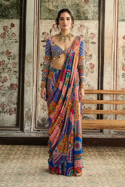 MULTI-COLOR  PRINT AND HIGHLIGHTED PLUNGE NECKLINE BLOUSE WITH SHARARA SAREE SET