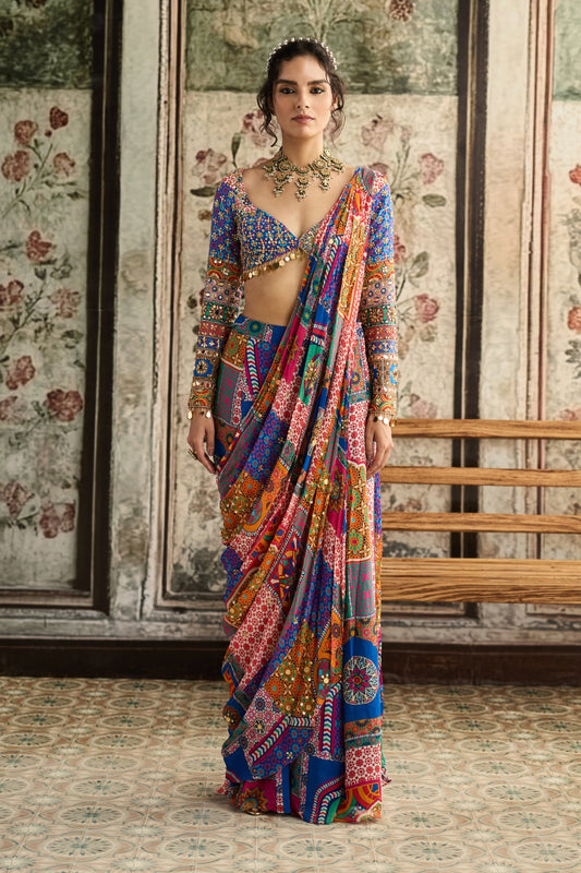 MULTI-COLOR  PRINT AND HIGHLIGHTED PLUNGE NECKLINE BLOUSE WITH SHARARA SAREE SET
