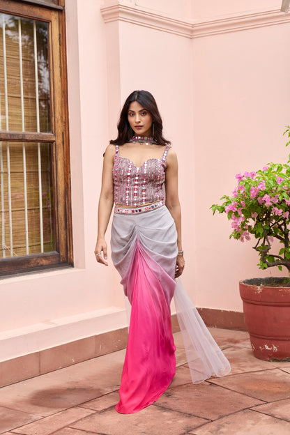 PINK-GREY OMBRE DHOTI SKIRT SET
