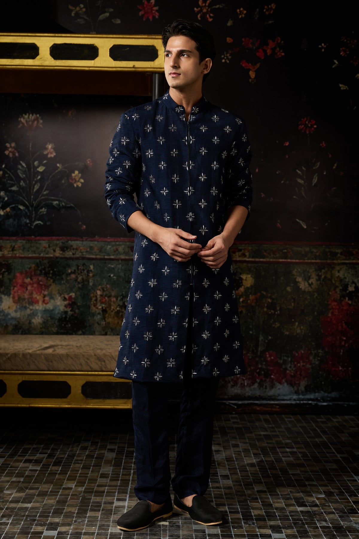 BLUE EMBROIDERED JACKET SET WITH BLUE PANTS