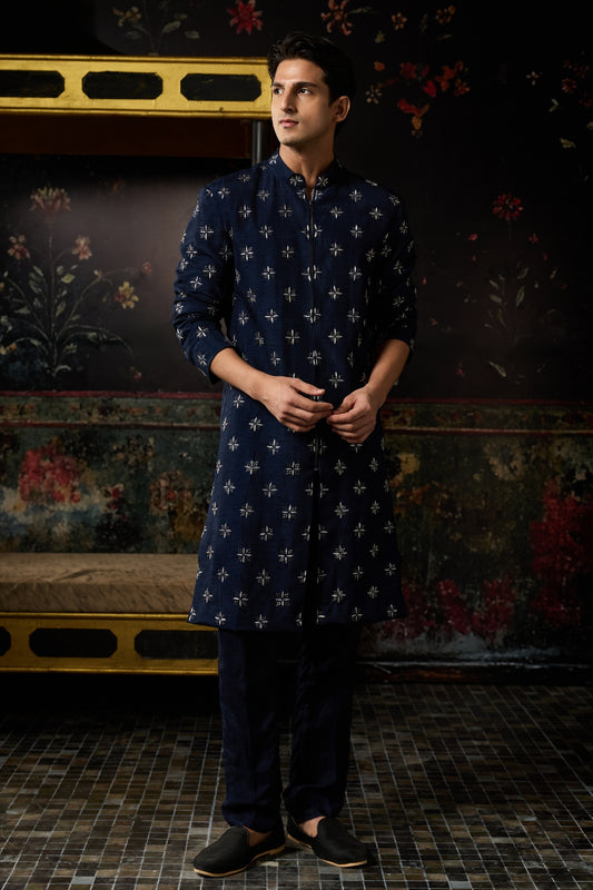 BLUE EMBROIDERED JACKET SET WITH BLUE PANTS