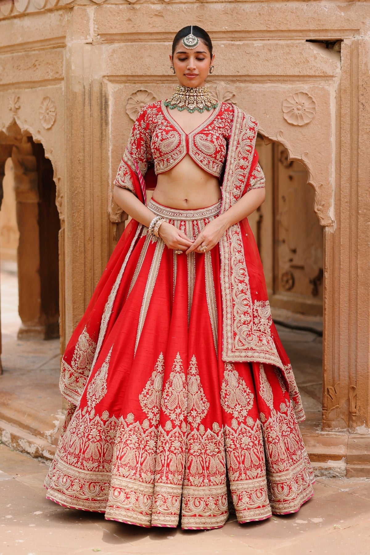Mahroz - Deep Red Lehenga Set with Blouse & Dupatta