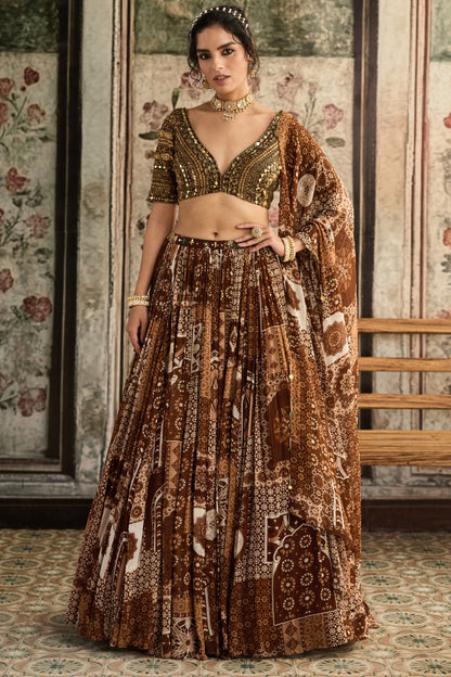 CARAMEL METALLIC EMBROIDERED BLOUSE  AND  CARAMEL PRINTED LEHENGA SET