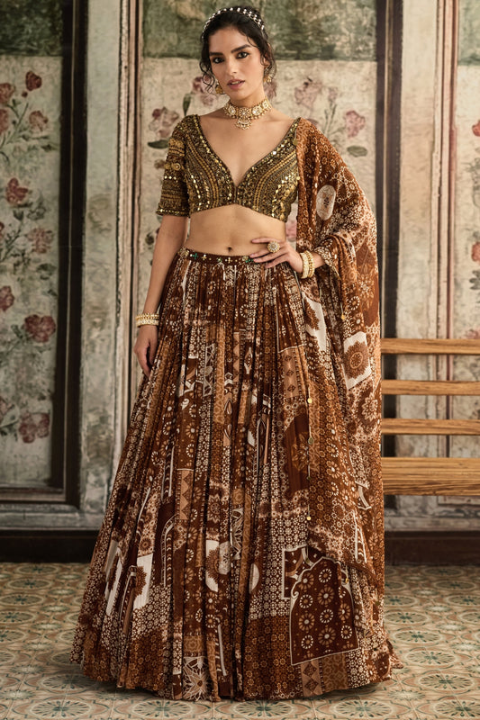 CARAMEL METALLIC EMBROIDERED BLOUSE  AND  CARAMEL PRINTED LEHENGA SET