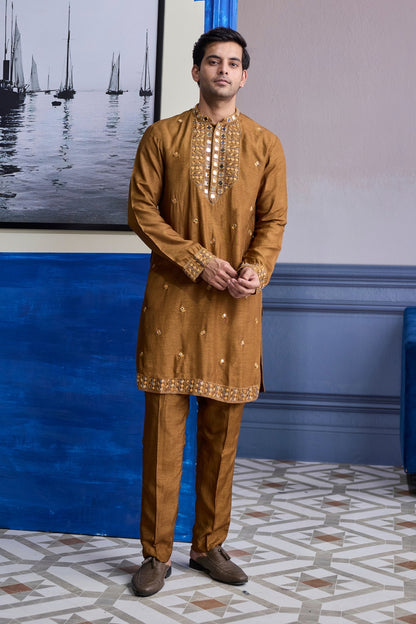 MUSTARD EMBROIDERED YOKE KURTA WITH PANTS