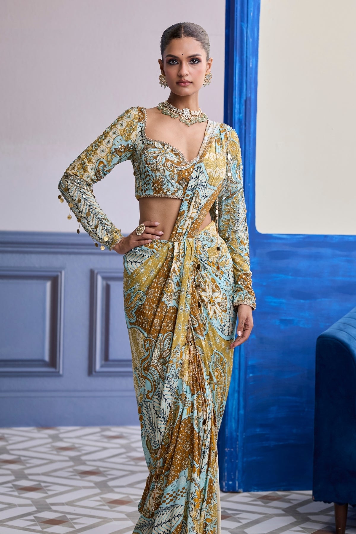 YELLOW FLORAL BLOUSE WITH COORDINATED PRINTED DHOTI SAREE SET