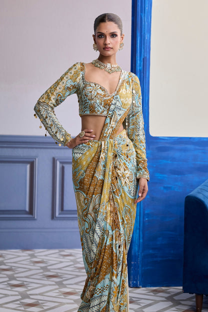 YELLOW FLORAL BLOUSE WITH COORDINATED PRINTED DHOTI SAREE SET