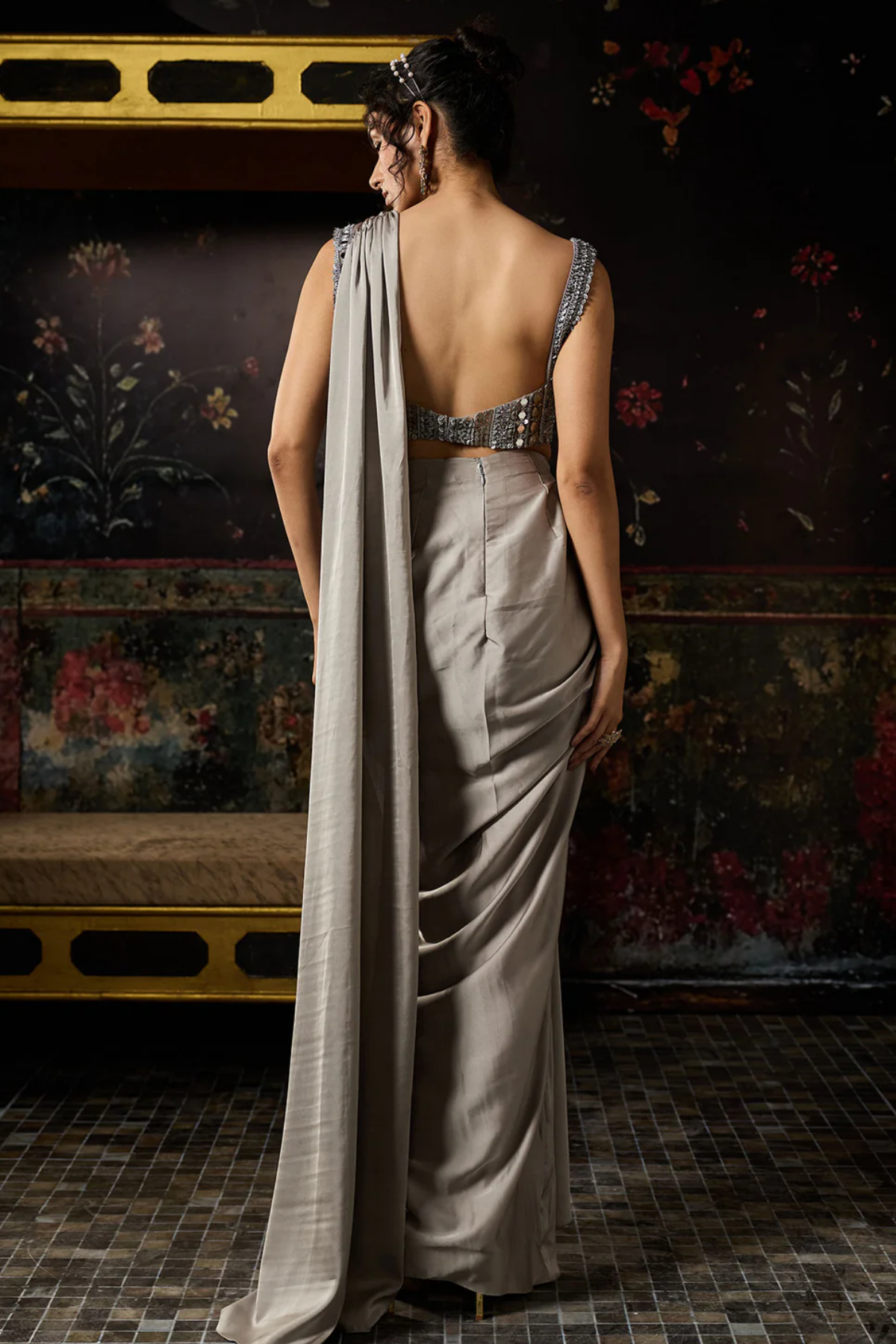 GREY EMBELLISHED DRAPED SKIRT SAREE SET